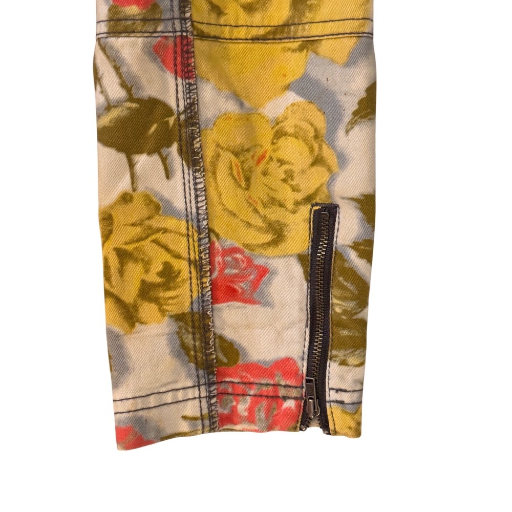 Hurley Womens Floral Denim Jacket Red Yellow Rose Double Breasted Utility Coat L - Picture 5 of 6